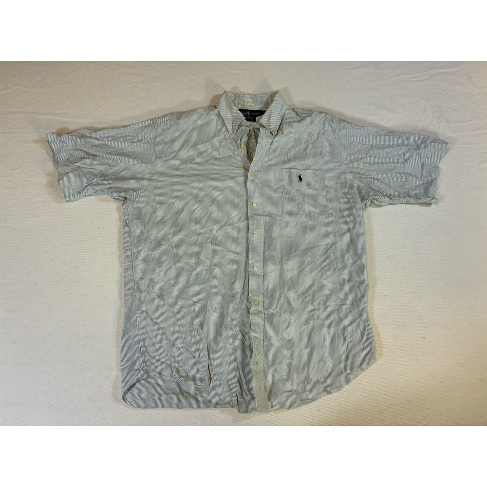 Vintage 90s Ralph Lauren Blaire Seersucker Shirt Mens L Blue White Stripe Cotton